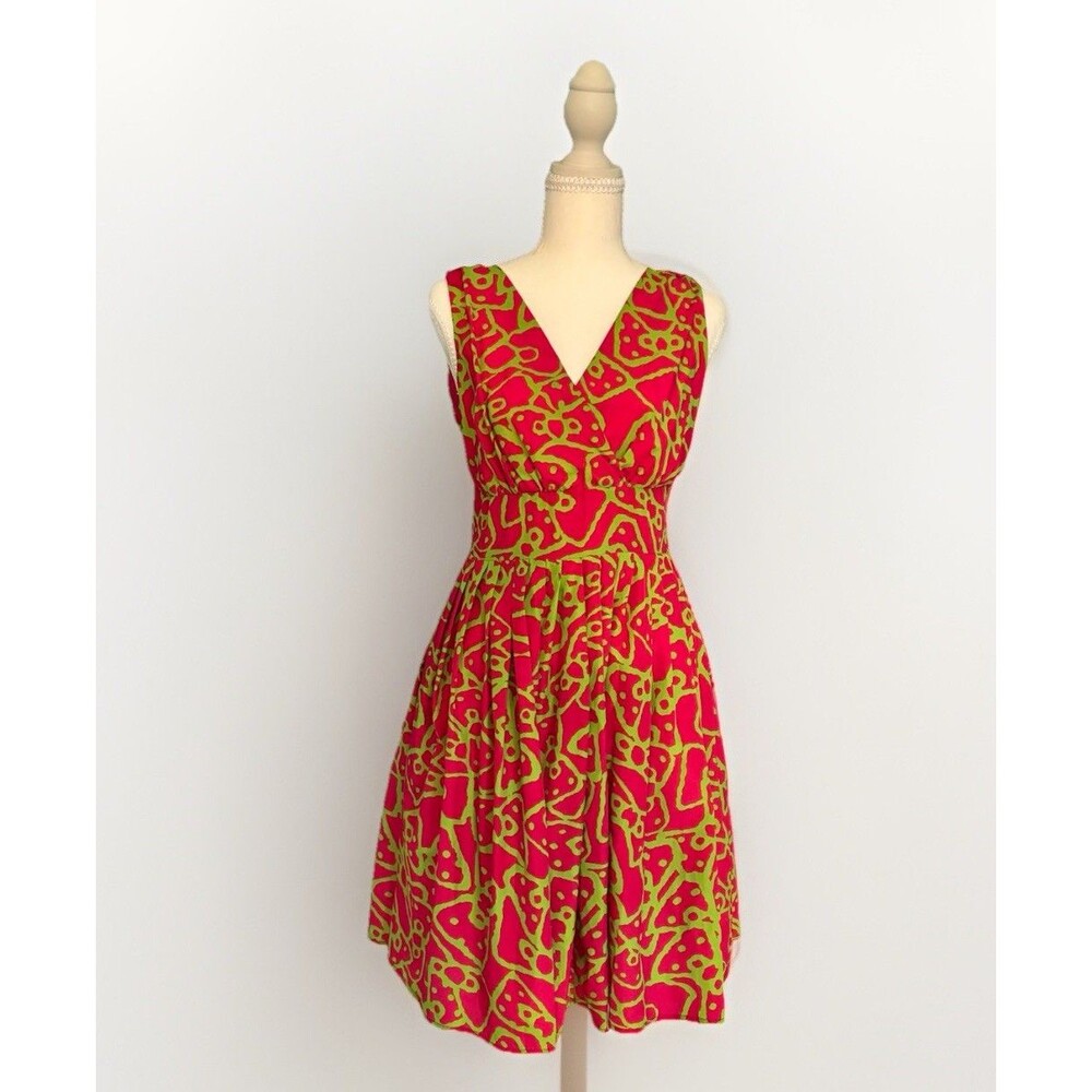Bright Tropical Pink Lime Abstract Retro Fit & Flare Resort Statement Dress S